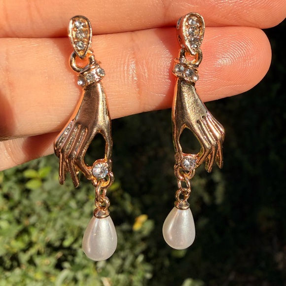 Gold Hand Pearl Drop Earrings - Vintage Style Diamond Dangle Earrings - Picture 4 of 7